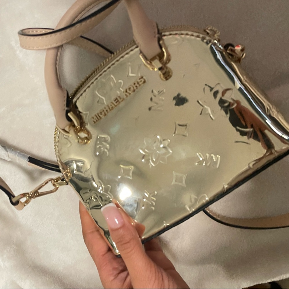 Michael Kors Gold and Cream Mini Crossbody Monogram Bag with Metallic Accents